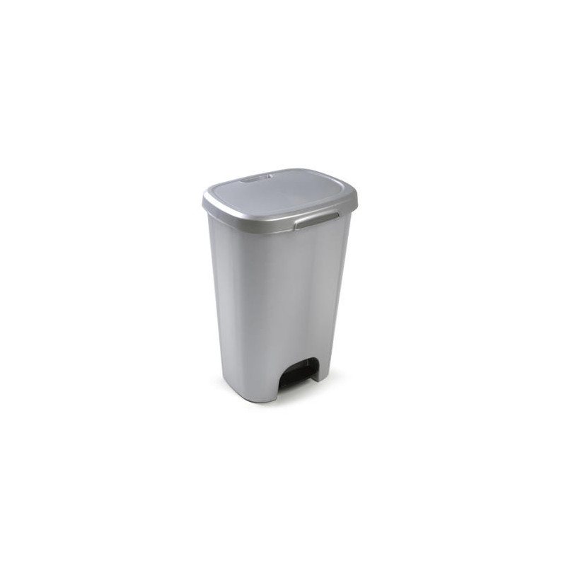 PAPELERA CONTENEDOR PLASTICFORTE PLASTICO CON TAPADERA Y PEDAL 50 LITROS COLOR PLATA 410X360X635 MM