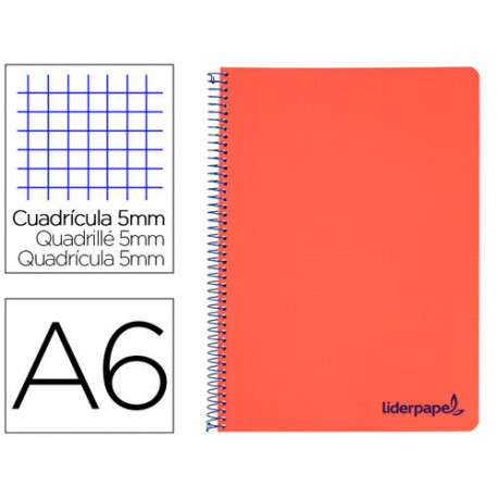 CUADERNO ESPIRAL LIDERPAPEL A6 MICRO WONDER TAPA PLASTICO 120H 90 GR CUADRO 5MM 4 BANDAS COLOR ROJO