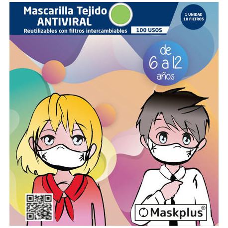 Mascarilla Maskplus Kids 6-12 a?os con 10 filtros de papel (Verde)