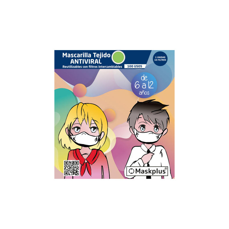 Mascarilla Maskplus Kids 6-12 a?os con 10 filtros de papel (Verde)