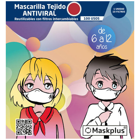 Mascarilla Maskplus Kids 6-12 a?os con 10 filtros de papel (Granate)