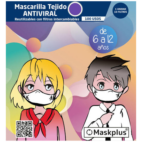 Mascarilla Maskplus Kids 6-12 a?os con 10 filtros de papel (Lila)