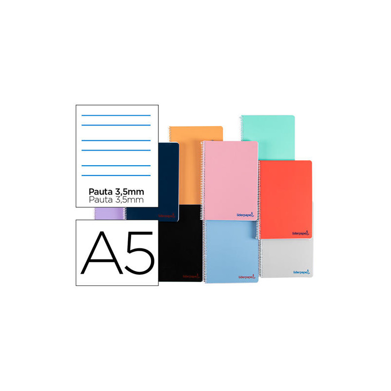 CUADERNO ESPIRAL LIDERPAPEL A5 WONDER TAPA PLASTICO 80H 90G PAUTA 3,5MM CON MARGEN COLORES SURTIDOS