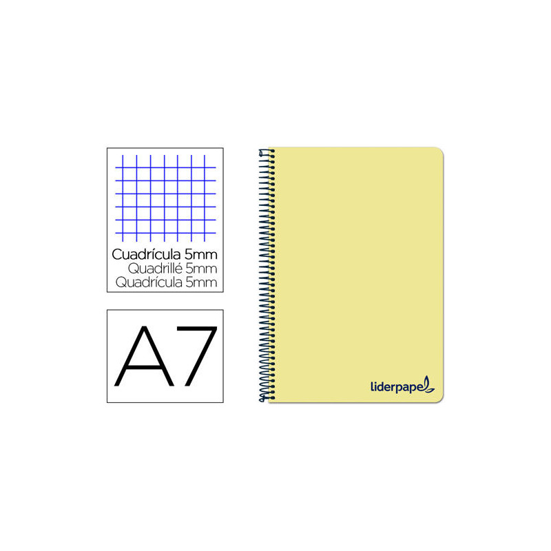 CUADERNO ESPIRAL LIDERPAPEL A7 MICRO WONDER TAPA PLASTICO 100H 90 GR CUADRO 5MM 4 BANDAS COLOR AMARI