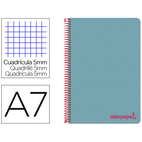 CUADERNO ESPIRAL LIDERPAPEL A7 MICRO WONDER TAPA PLASTICO 100H 90 GR CUADRO 5MM 4 BANDAS COLOR CELES