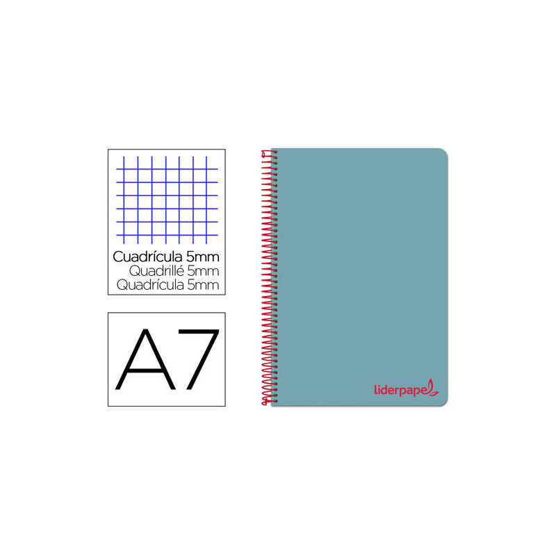 CUADERNO ESPIRAL LIDERPAPEL A7 MICRO WONDER TAPA PLASTICO 100H 90 GR CUADRO 5MM 4 BANDAS COLOR CELES