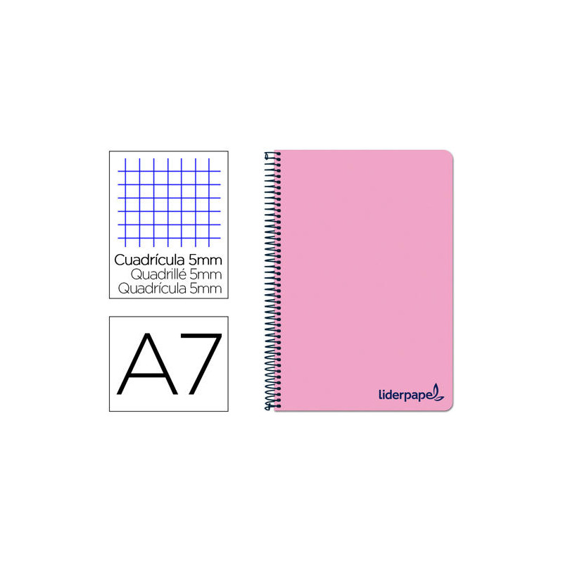 CUADERNO ESPIRAL LIDERPAPEL A7 MICRO WONDER TAPA PLASTICO 100H 90 GR CUADRO 5MM 4 BANDAS COLOR ROSA