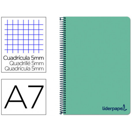 CUADERNO ESPIRAL LIDERPAPEL A7 MICRO WONDER TAPA PLASTICO 100H 90 GR CUADRO 5MM 4 BANDASCOLOR VERDE 