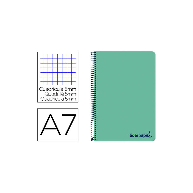 CUADERNO ESPIRAL LIDERPAPEL A7 MICRO WONDER TAPA PLASTICO 100H 90 GR CUADRO 5MM 4 BANDASCOLOR VERDE 