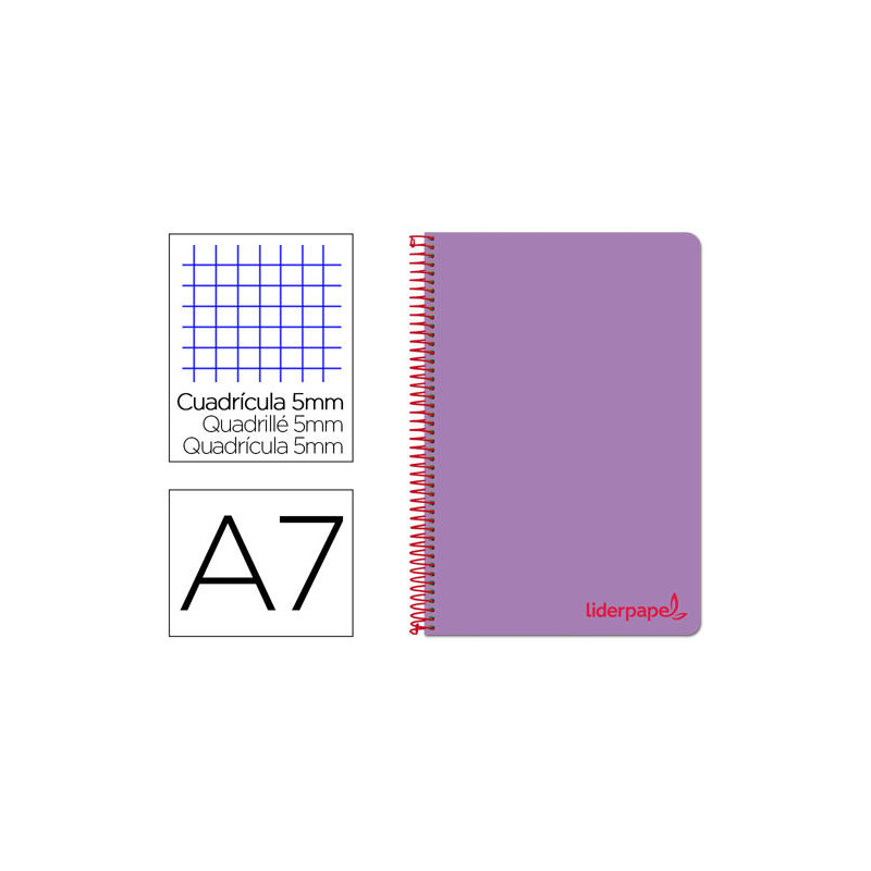 CUADERNO ESPIRAL LIDERPAPEL A7 MICRO WONDER TAPA PLASTICO 100H 90 GR CUADRO 5MM 4 BANDAS COLOR VIOLE