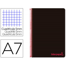 CUADERNO ESPIRAL LIDERPAPEL A7 MICRO WONDER TAPA PLASTICO 100H 90 GR CUADRO 5MM 4 BANDAS COLOR NEGRO