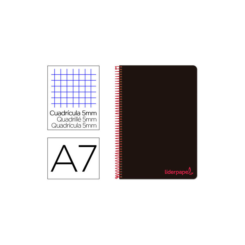 CUADERNO ESPIRAL LIDERPAPEL A7 MICRO WONDER TAPA PLASTICO 100H 90 GR CUADRO 5MM 4 BANDAS COLOR NEGRO