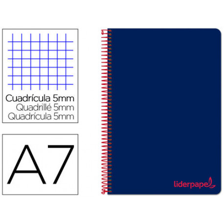 CUADERNO ESPIRAL LIDERPAPEL A7 MICRO WONDER TAPA PLASTICO 100H 90 GR CUADRO 5MM 4 BANDAS COLOR AZUL 