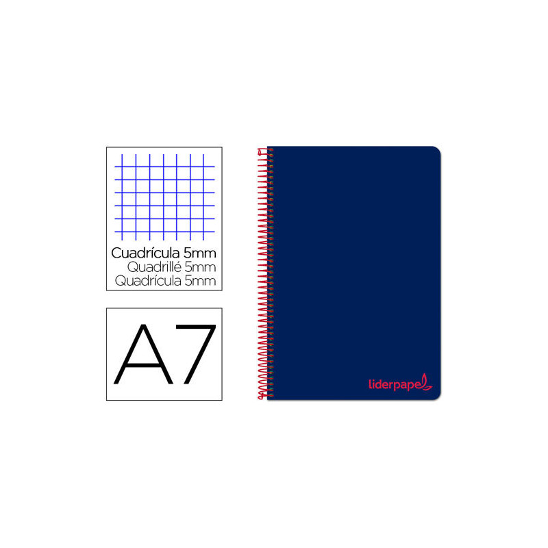 CUADERNO ESPIRAL LIDERPAPEL A7 MICRO WONDER TAPA PLASTICO 100H 90 GR CUADRO 5MM 4 BANDAS COLOR AZUL 