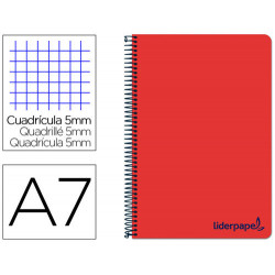 CUADERNO ESPIRAL LIDERPAPEL A7 MICRO WONDER TAPA PLASTICO 100H 90 GR CUADRO 5MM 4 BANDAS COLOR ROJO