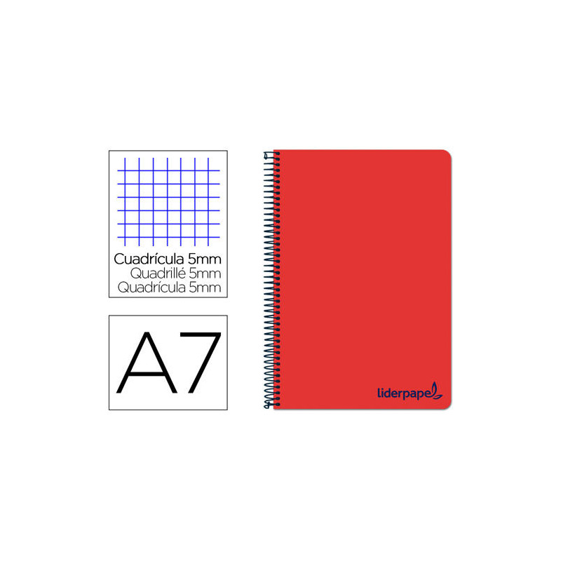 CUADERNO ESPIRAL LIDERPAPEL A7 MICRO WONDER TAPA PLASTICO 100H 90 GR CUADRO 5MM 4 BANDAS COLOR ROJO