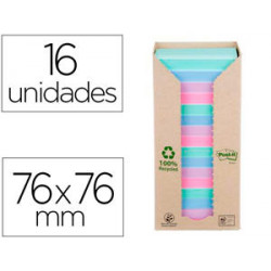 BLOC DE NOTAS ADHESIVAS QUITA Y PON POST-IT 76X76 MM 100% RECICLADO PEFC EN TORRE PACK DE 16 UNIDADE