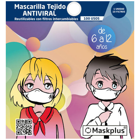 Mascarilla Maskplus Kids 6-12 a?os con 10 filtros de papel (Blanca) 