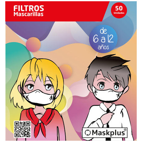 50 recambios de filtro de papel 6-12 a?os para mascarillas Maskplus 