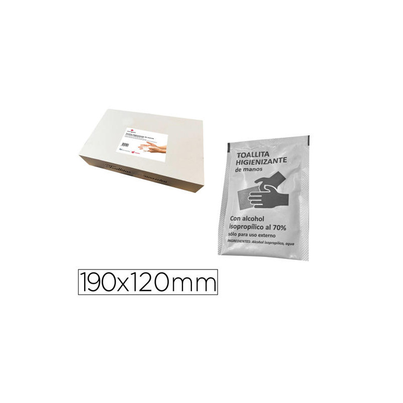 TOALLITA HIGIENIZANTE HIDROALCOHOLICA PARA MANOS MEDIDAS 190 X 120 MM PAQUETES INDIVIDUALES CAJA 500