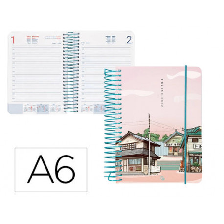 AGENDA ESPIRAL LIDERPAPEL SANTORINI A6 2025 DIA PAGINA ATARDECER ROSA PAPEL 60 GR