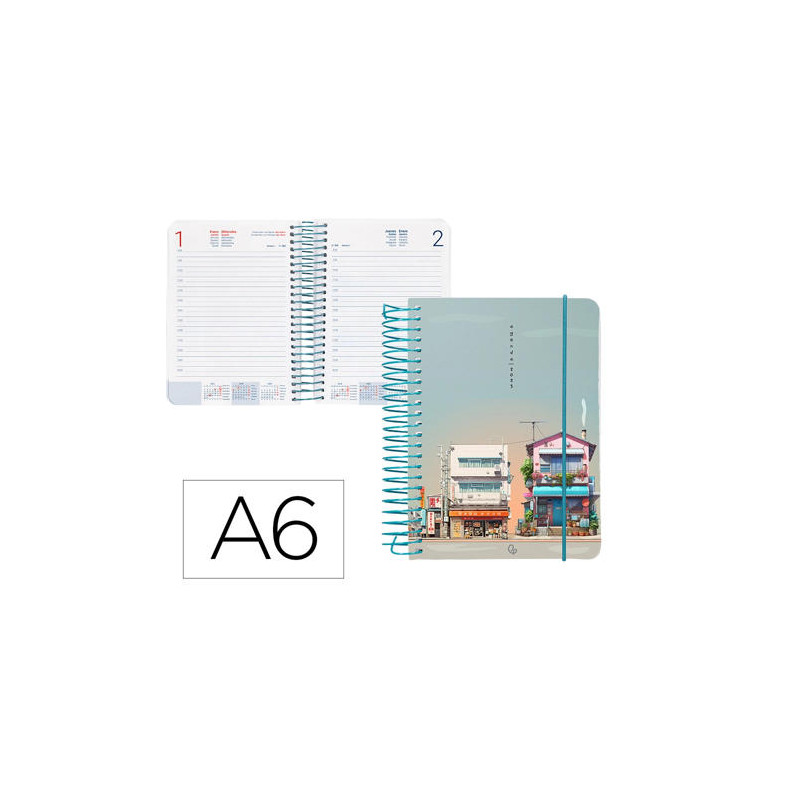 AGENDA ESPIRAL LIDERPAPEL SANTORINI A6 2025 DIA PAGINA STREET VIEW PAPEL 60 GR