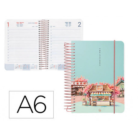 AGENDA ESPIRAL LIDERPAPEL SANTORINI A6 2025 DIA PAGINA CHERRY BLOSSOMS PAPEL 60 GR