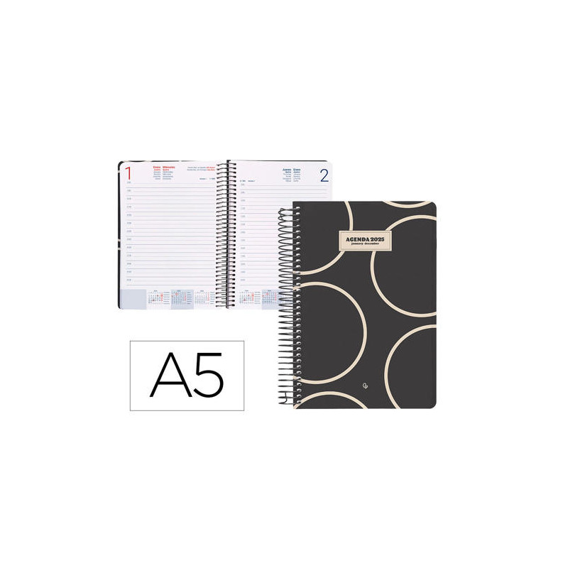 AGENDA ESPIRAL LIDERPAPEL CLASSIC A5 2025 DIA PAGINA BLANCO Y NEGRO 2 PAPEL 70 GR