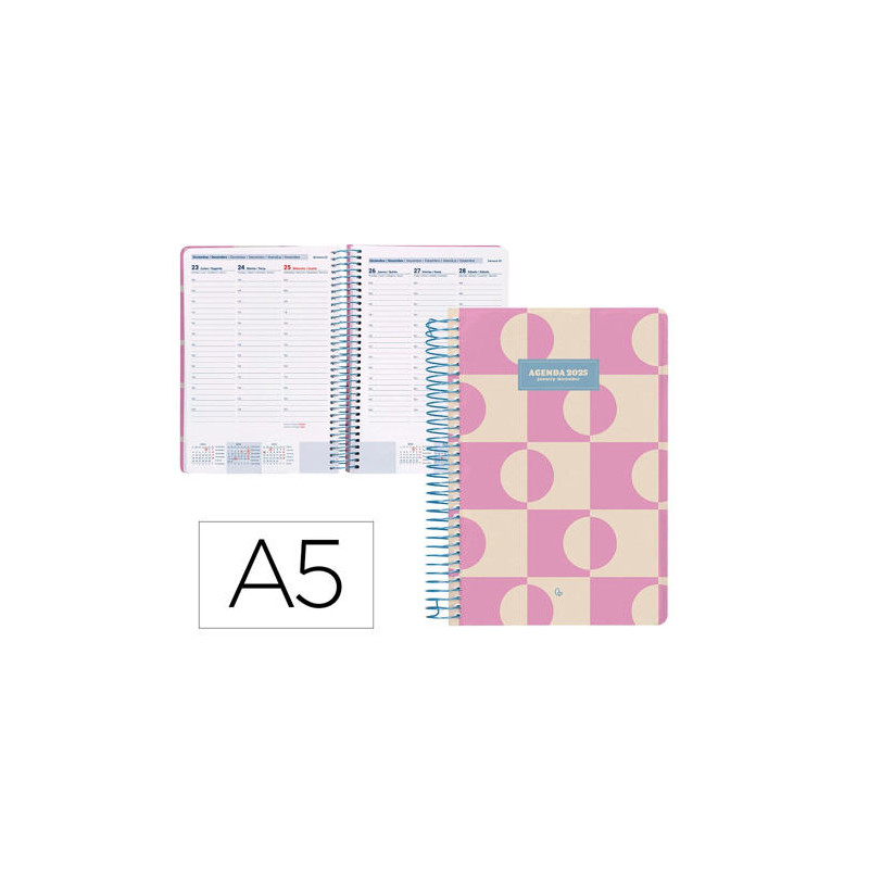 AGENDA ESPIRAL LIDERPAPEL CLASSIC A5 2025 SEMANA VISTA COLOR ROSA PAPEL 70 GR