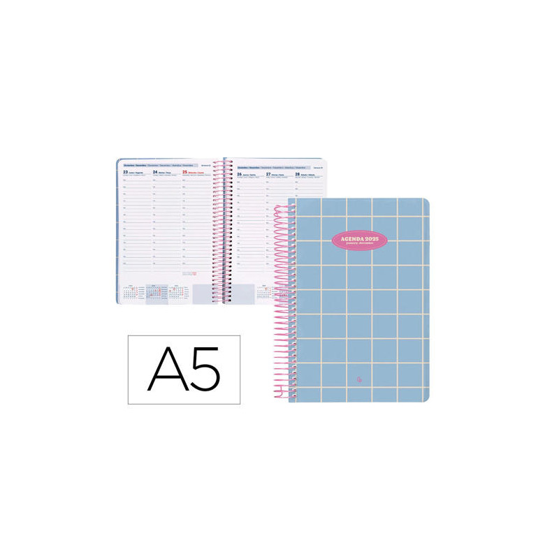 AGENDA ESPIRAL LIDERPAPEL CLASSIC A5 2025 SEMANA VISTA COLOR AZUL CLARO PAPEL 70 GR