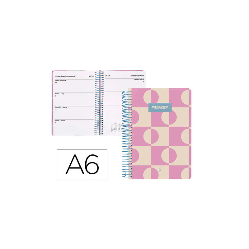 AGENDA ESPIRAL LIDERPAPEL CLASSIC A6 2025 SEMANA VISTA COLOR ROSA PAPEL 70 GR