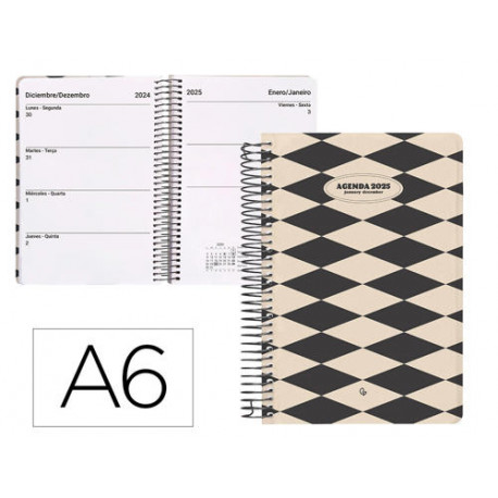 AGENDA ESPIRAL LIDERPAPEL CLASSIC A6 2025 SEMANA VISTA COLOR BLANCO Y NEGRO 1 PAPEL 70 GR