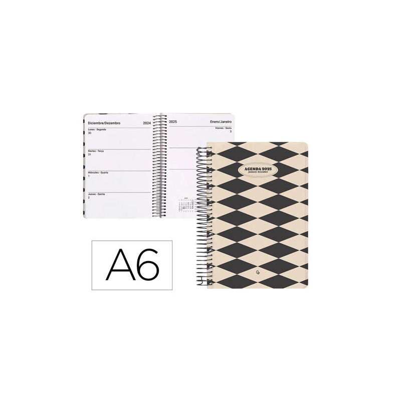 AGENDA ESPIRAL LIDERPAPEL CLASSIC A6 2025 SEMANA VISTA COLOR BLANCO Y NEGRO 1 PAPEL 70 GR