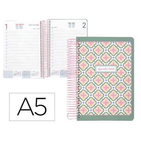 AGENDA ESPIRAL LIDERPAPEL PERISSA A5 2025 DIA PAGINA COLOR VERDE PAPEL 80 GR