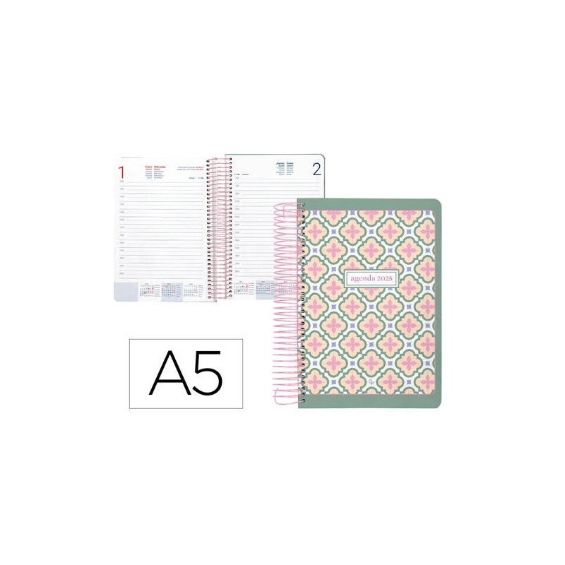 AGENDA ESPIRAL LIDERPAPEL PERISSA A5 2025 DIA PAGINA COLOR VERDE PAPEL 80 GR