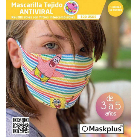 Mascarilla Kids 3-5 a?os Bob Esponja (1) Maskplus con 10 filtros de papel (1 unidad)