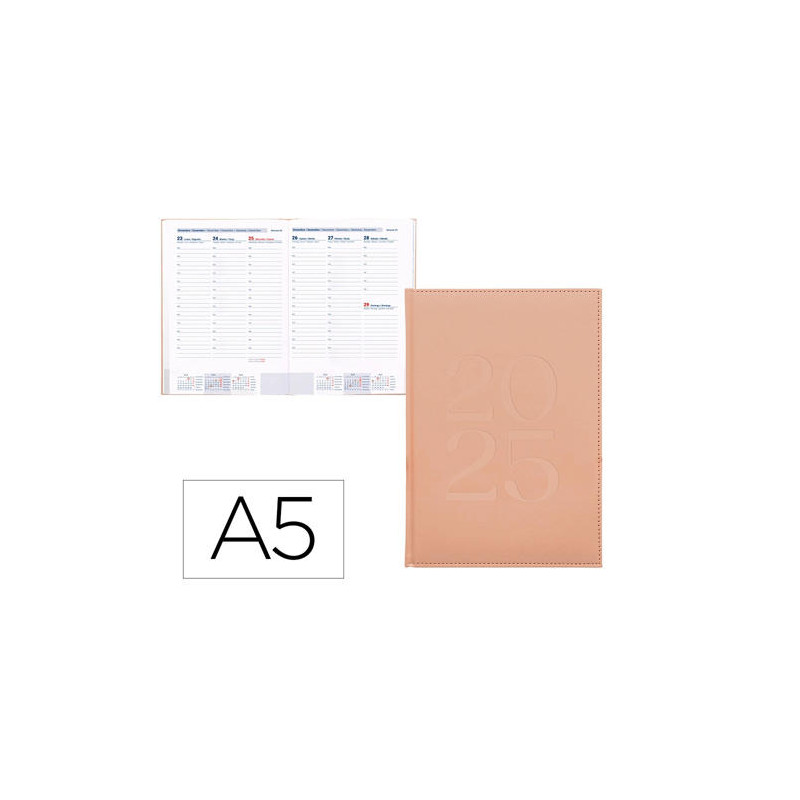 AGENDA ENCUADERNADA LIDERPAPEL CRETA A5 2025 SEMANA VISTA COLOR ROSA NUDE PAPEL 70 GR