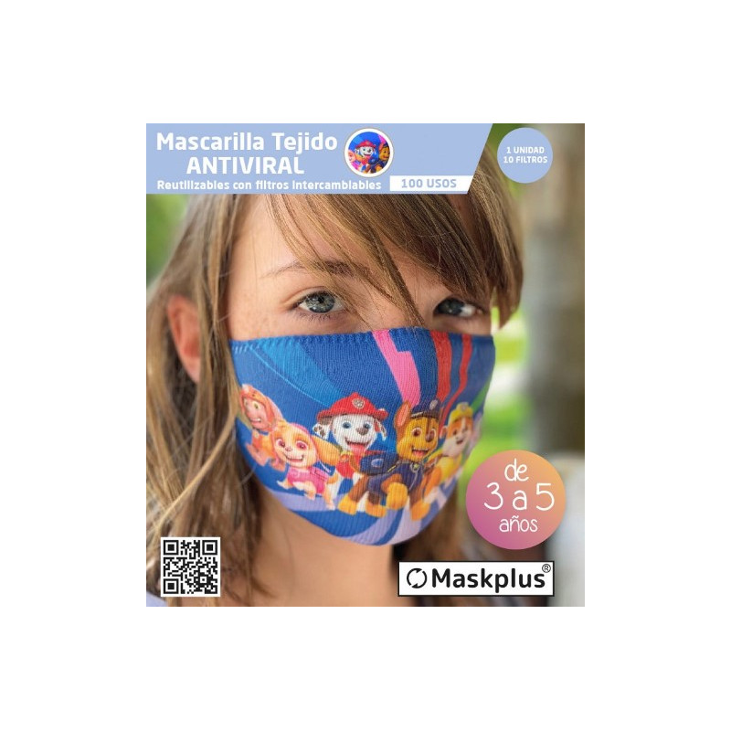 Mascarilla Kids 3-5 a?os Patrulla Canina (2) Maskplus con 10 filtros de papel (1 unidad)