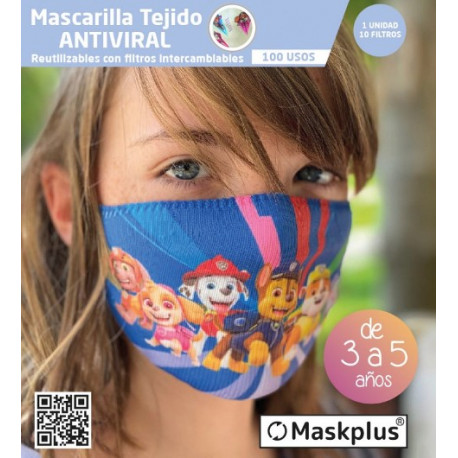 Mascarilla Kids 3-5 a?os Patrulla Canina (3) Maskplus con 10 filtros de papel (1 unidad)