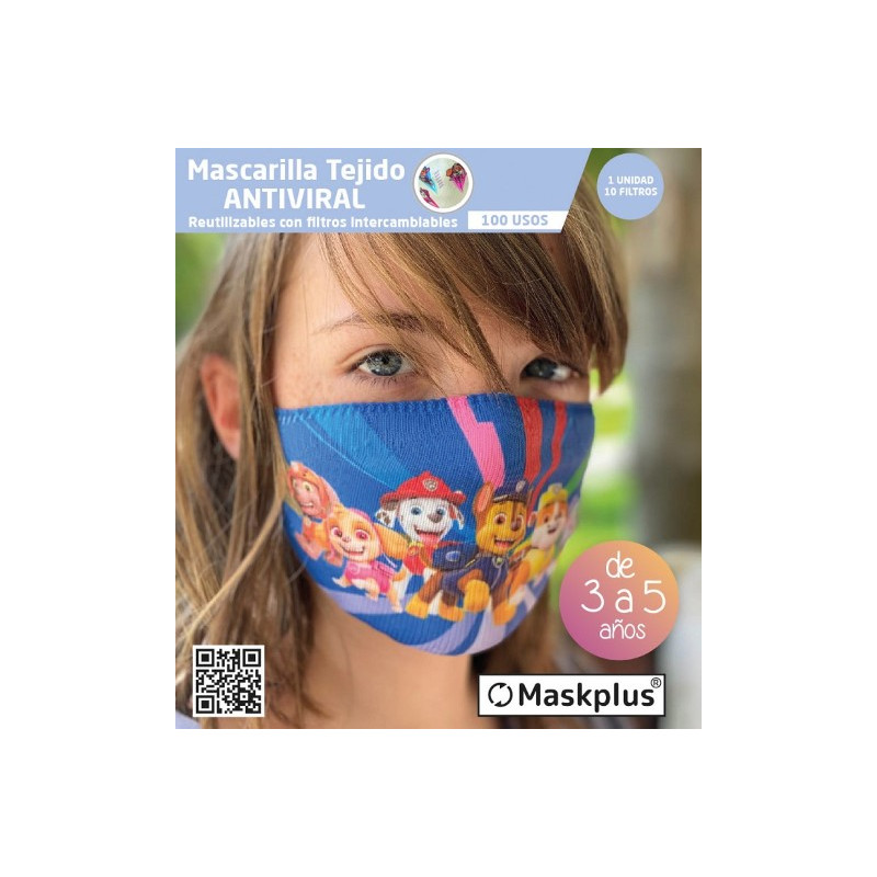 Mascarilla Kids 3-5 a?os Patrulla Canina (3) Maskplus con 10 filtros de papel (1 unidad)