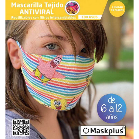 Mascarilla Kids 6-12 a?os Bob Esponja (2) Maskplus con 10 filtros de papel (1 unidad)