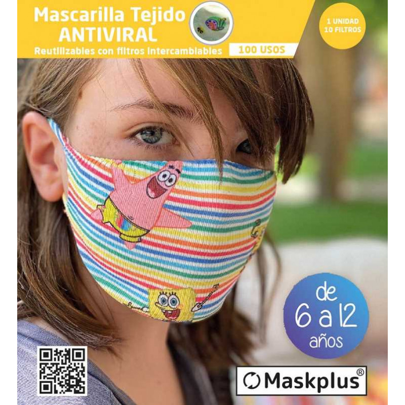 Mascarilla Kids 6-12 a?os Bob Esponja (4) Maskplus con 10 filtros de papel (1 unidad)