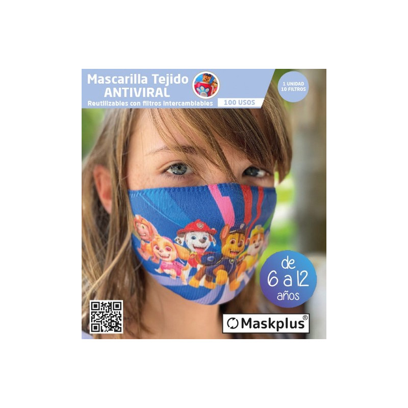 Mascarilla Kids 6-12 a?os Patrulla Canina (1) Maskplus con 10 filtros de papel (1 unidad)