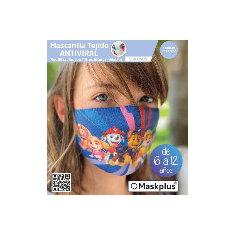 Mascarilla Kids 6-12 a?os Patrulla Canina (3) Maskplus con 10 filtros de papel (1 unidad)