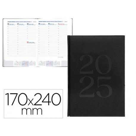 AGENDA ENCUADERNADA LIDERPAPEL CRETA 170X240 MM 2025 SEMANA VISTA COLOR NEGRO PAPEL 70 GR