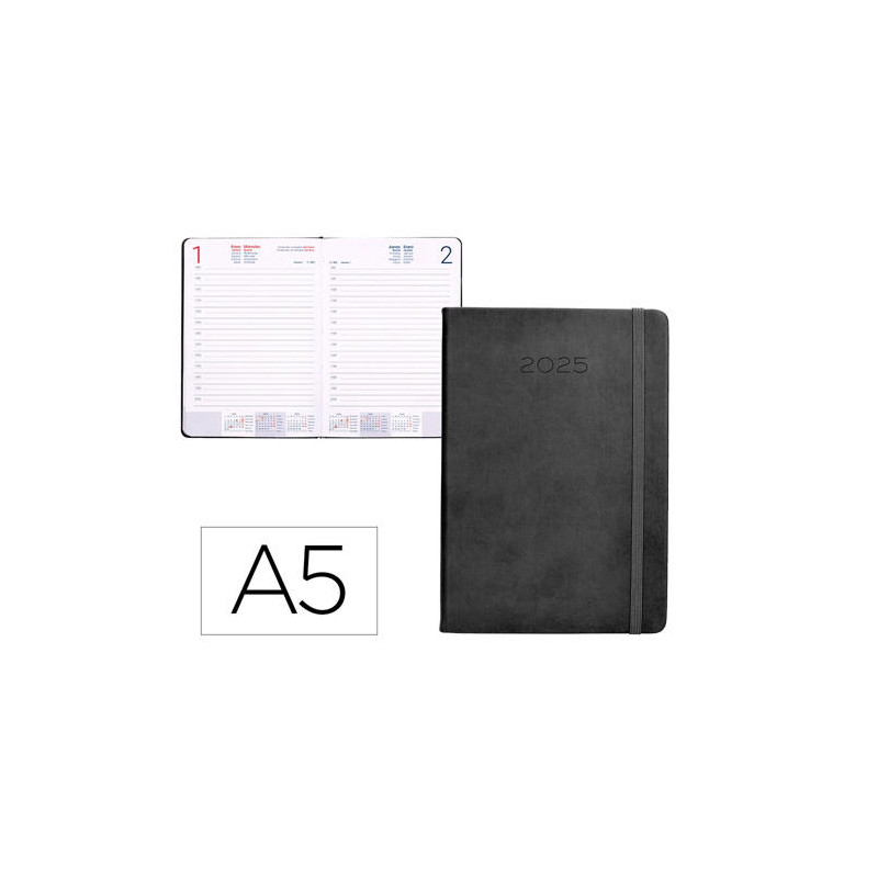 AGENDA ENCUADERNADA LIDERPAPEL MYKONOS A5 2025 DIA PAGINA COLOR NEGRO PAPEL 70 GR