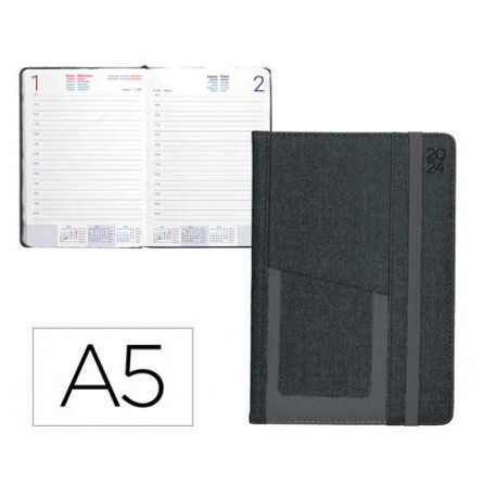 AGENDA ENCUADERNADA LIDERPAPEL SARIA A5 2025 DIA PAGINA COLOR NEGRO PAPEL 70 GR