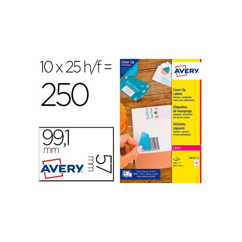 ETIQUETA ADHESIVA CUBRIENTE AVERY PERMANENTE PARA IMPRESORA LASER BLANCA 99,1X57 MM CAJA DE 250 UNID