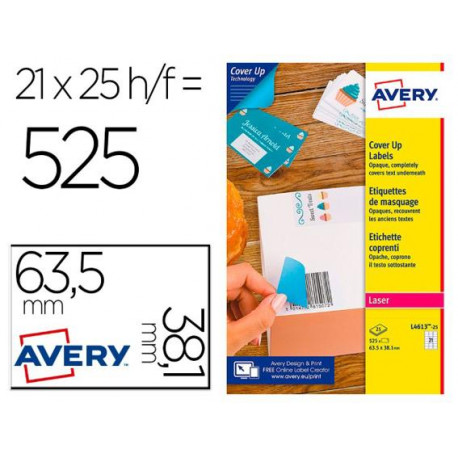 ETIQUETA ADHESIVA CUBRIENTE AVERY PERMANENTE PARA IMPRESORA LASER BLANCA 63,5X 38,1 MM CAJA DE 525 U