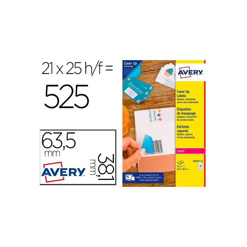 ETIQUETA ADHESIVA CUBRIENTE AVERY PERMANENTE PARA IMPRESORA LASER BLANCA 63,5X 38,1 MM CAJA DE 525 U